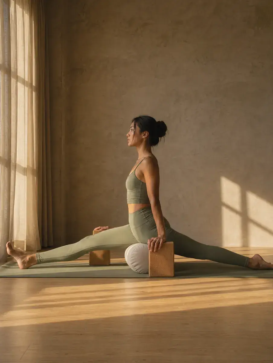 A woman in a sage set eases into a supported front split, hips resting on a bolster and hands on cork blocks, in a warm plaster-walled room.