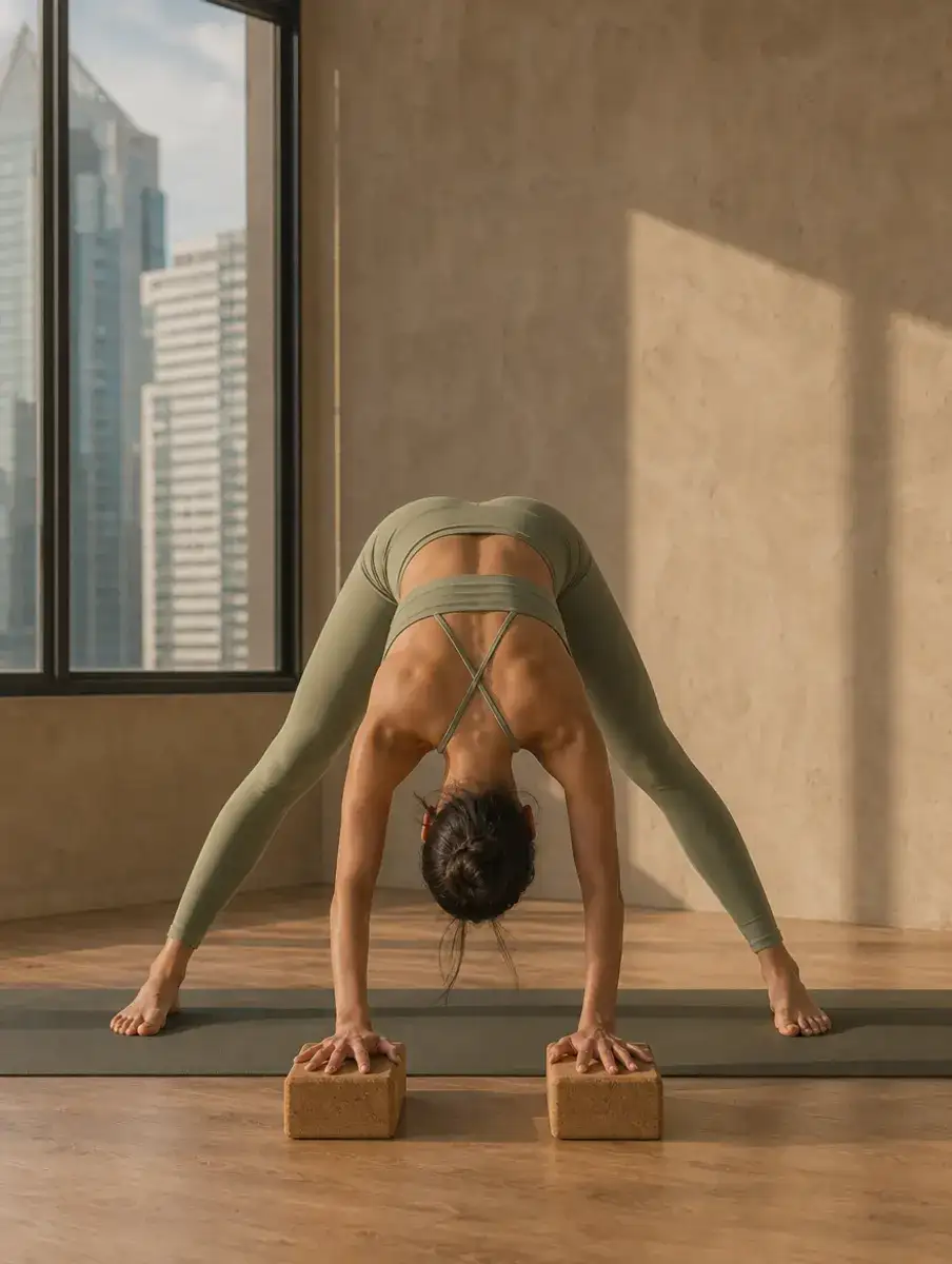 A woman in a sage set folds forward between wide legs with her hands on two cork blocks, in a Makati studio.