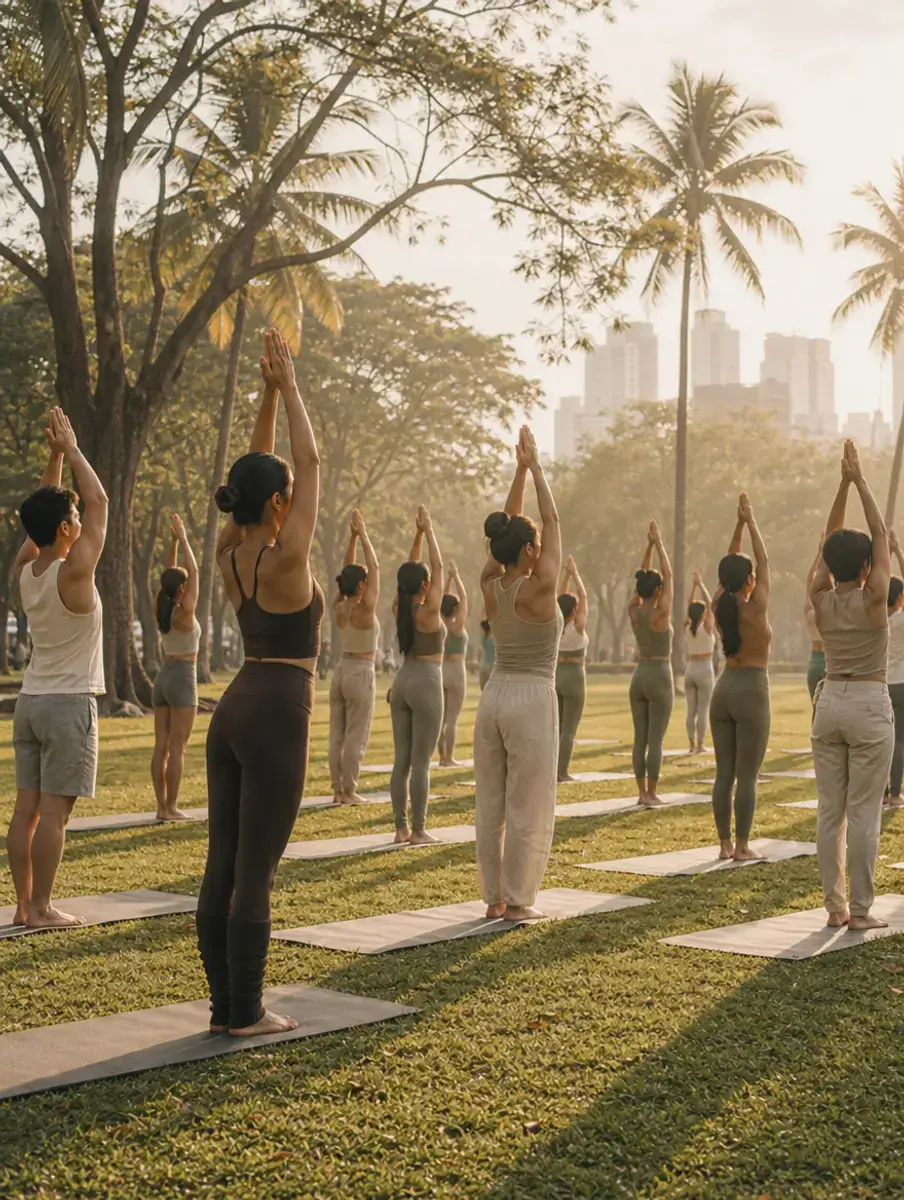 Rows of people on mats reach their arms overhead in a community yoga class on a palm-lined Manila park lawn at golden hour.