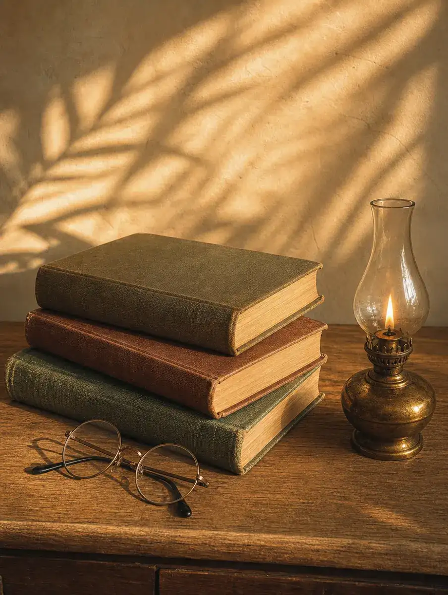 A stack of old cloth-bound books, round reading glasses and a lit brass oil lamp on a wooden desk in warm light.