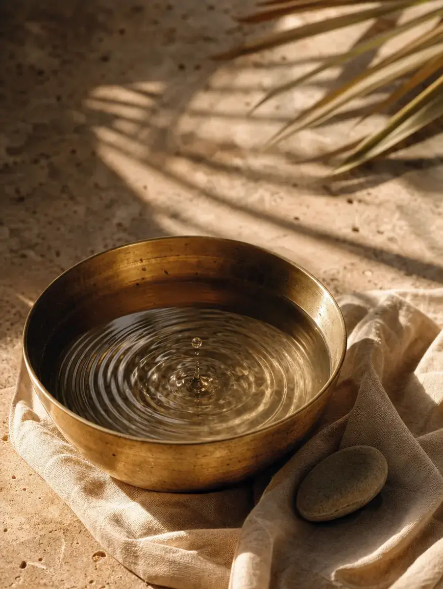 A single drop sends ripples across a brass bowl of water beside a smooth pebble on linen.