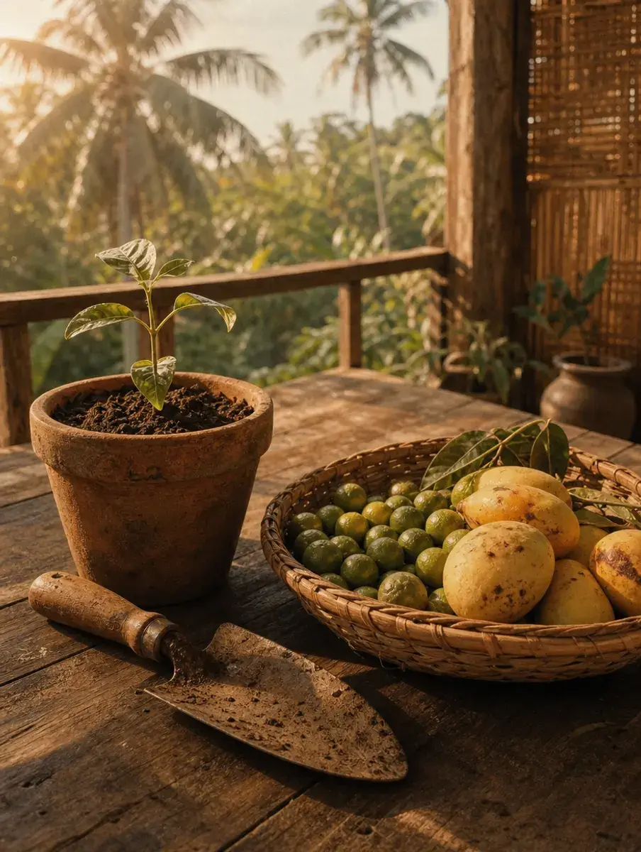 A seedling in a clay pot, a garden trowel and a basket of calamansi and mangoes on a Philippine veranda table.