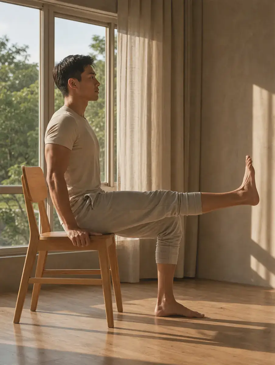 A man sits tall on a wooden chair and straightens one leg in front of him with the foot flexed, trees in the window behind.