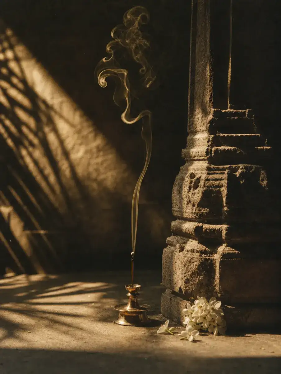 Incense smoke spirals up beside a carved temple-stone pillar with jasmine at its base, lit gold in a dark interior.