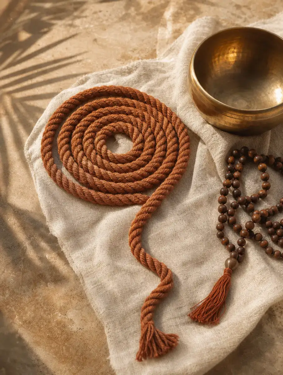 A coiled copper-coloured rope beside sandalwood mala beads and a brass bowl on linen, under palm-leaf shadows.