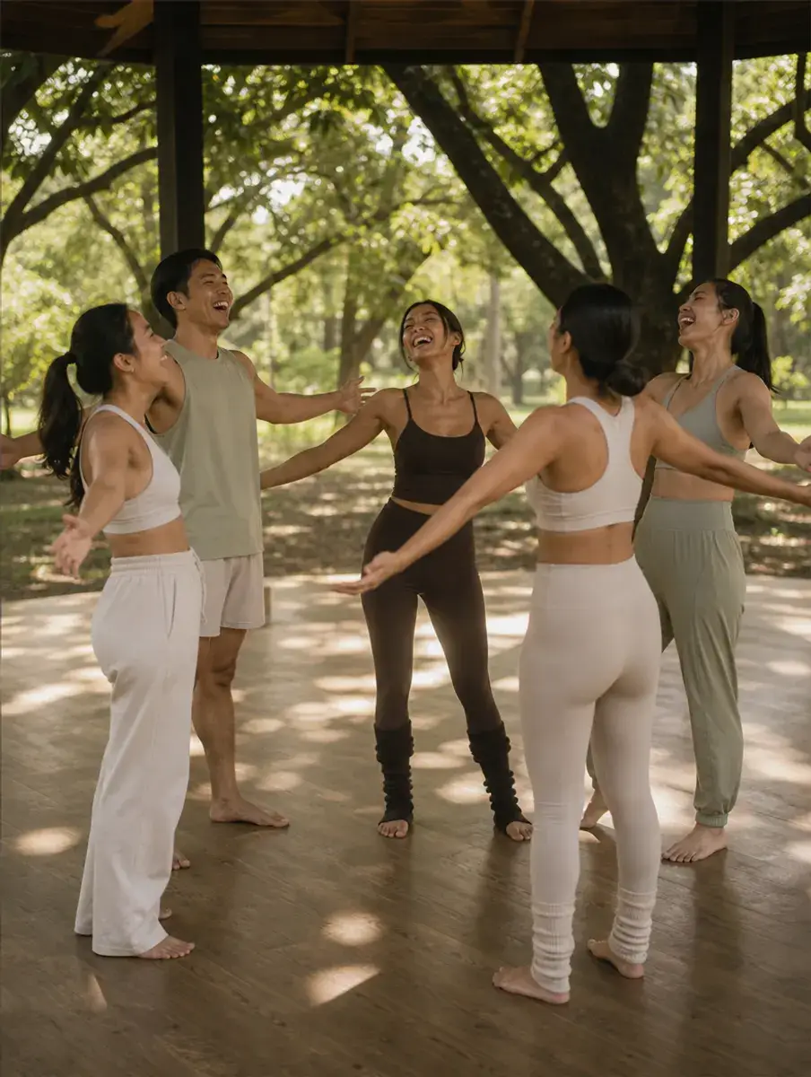 A small group stands in a circle laughing with arms open in a shaded park pavilion under big trees.