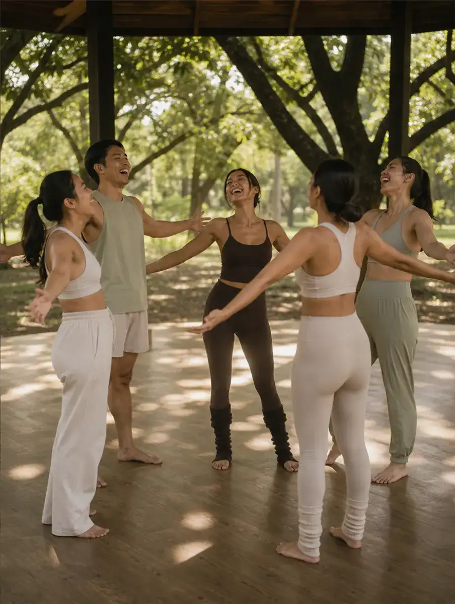A small group stands in a circle laughing with arms open in a shaded park pavilion under big trees.