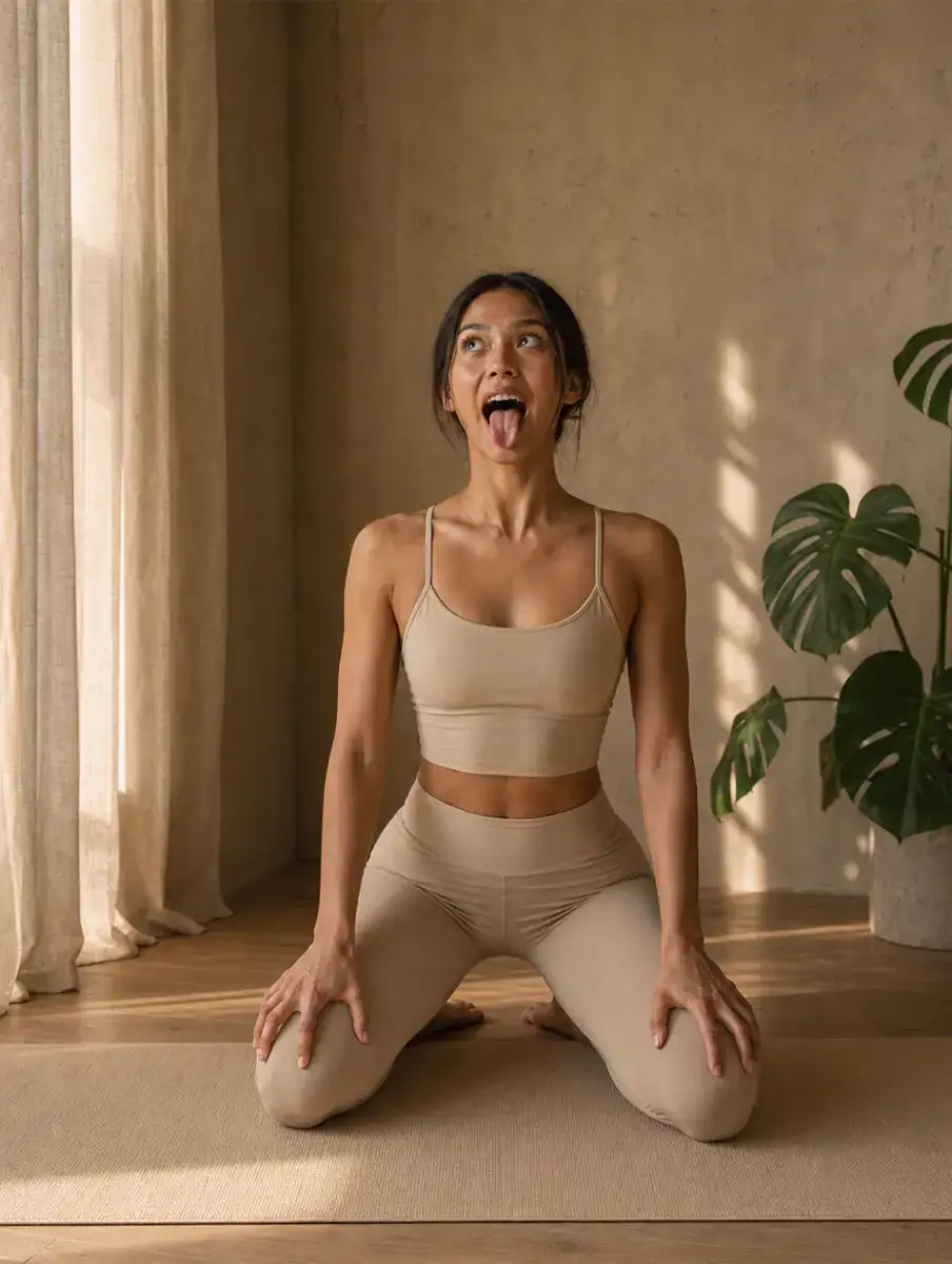 A woman kneels with hands on her knees, tongue out and eyes lifted in Lion's Breath, in a sunlit condo.