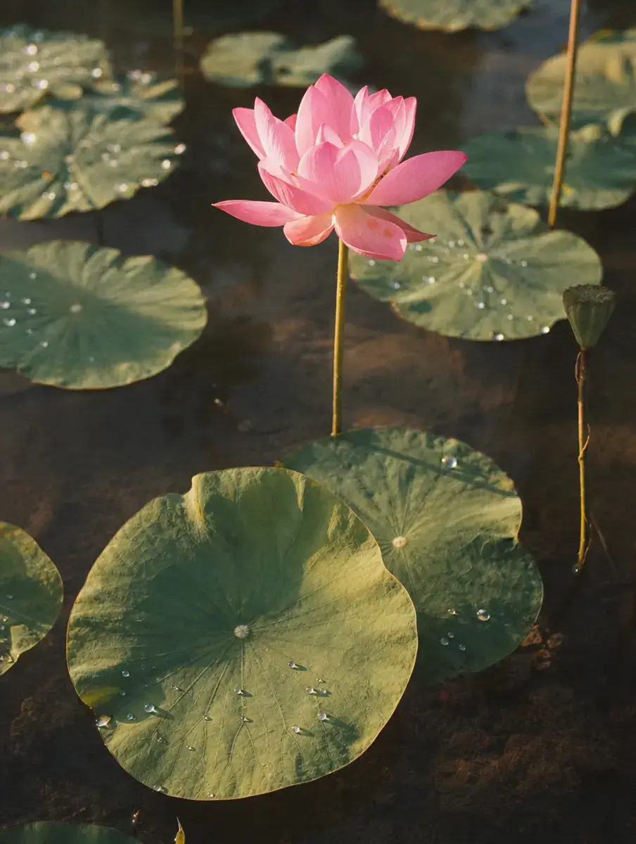 A pink lotus rises on its stem above dark pond water among broad round leaves beaded with droplets.