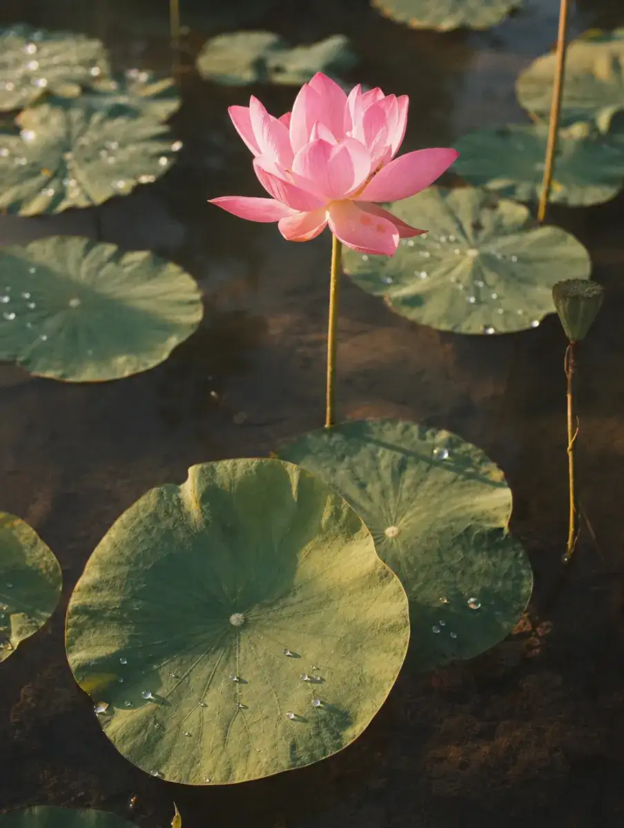 A pink lotus rises on its stem above dark pond water among broad round leaves beaded with droplets.