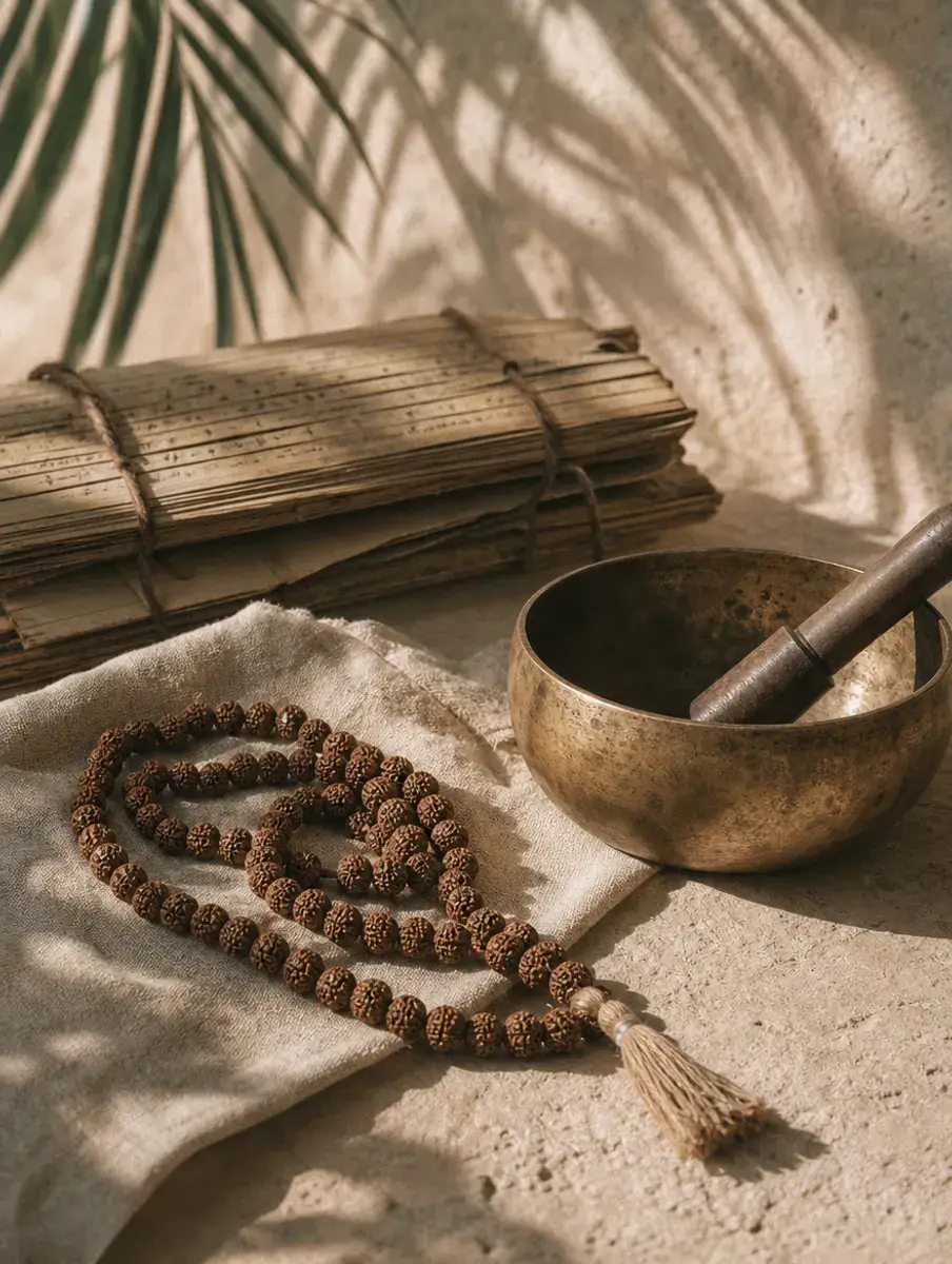 Rudraksha mala beads coiled on linen beside a brass singing bowl and a bundle of palm-leaf manuscripts, in palm-leaf shadow.