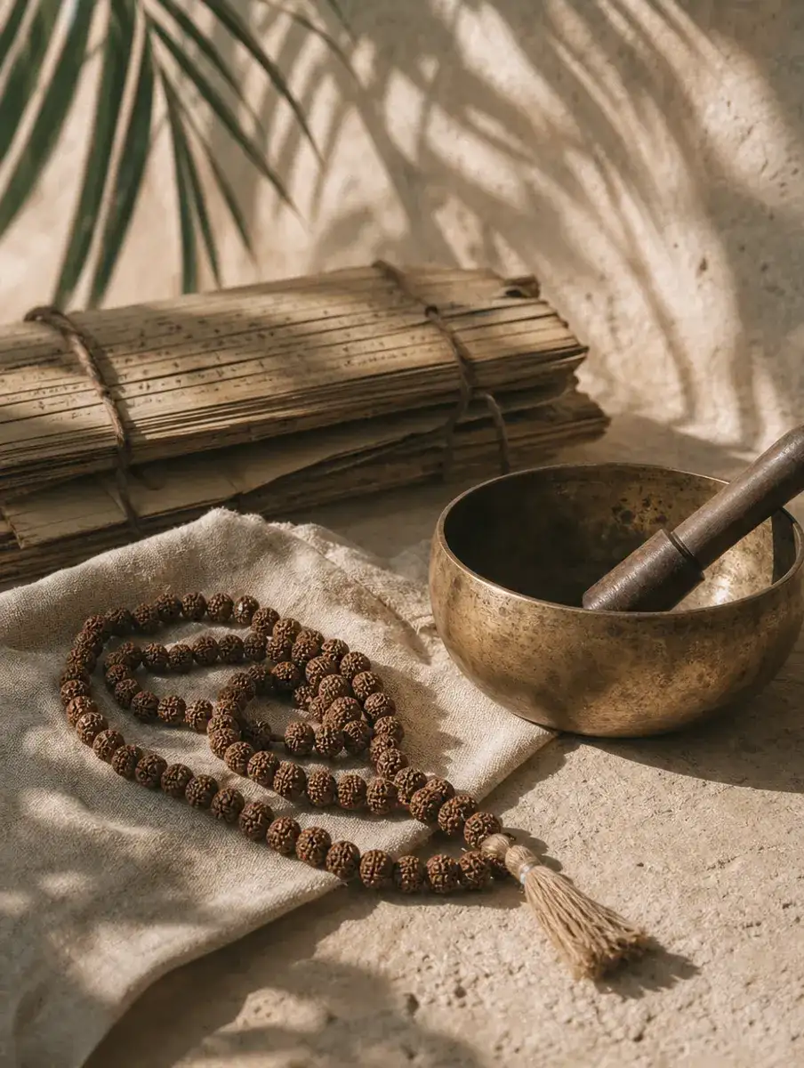 Rudraksha mala beads coiled on linen beside a brass singing bowl and a bundle of palm-leaf manuscripts, in palm-leaf shadow.