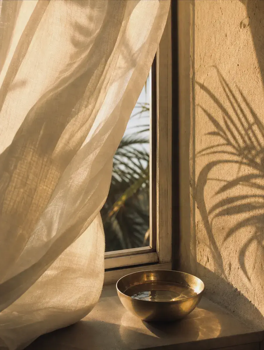 A sheer linen curtain billows across an open window as palm shadows play on the plaster wall beside a brass bowl of water.