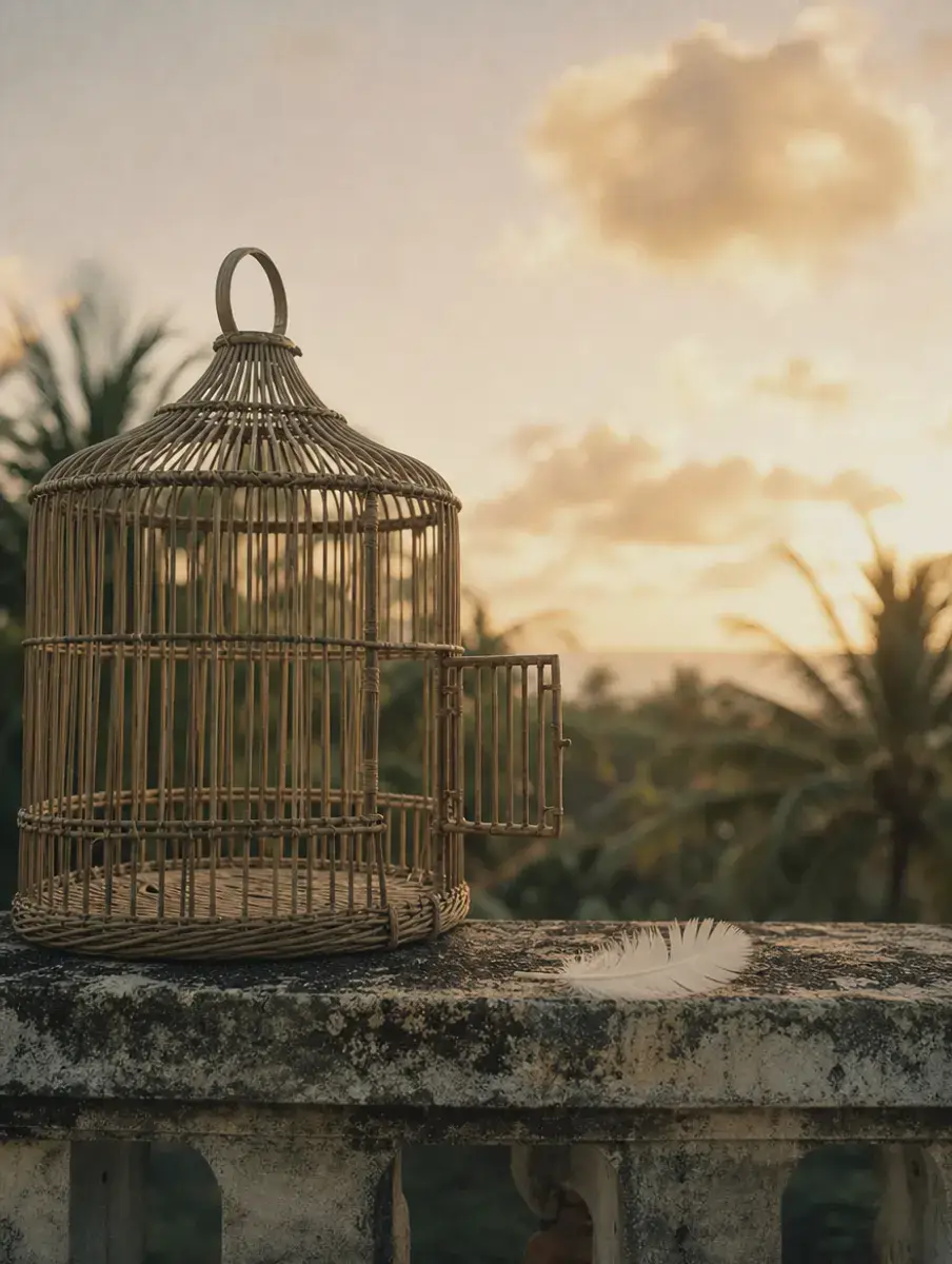 An empty bamboo birdcage with its door open on a stone ledge, a white feather beside it and palms against a golden sky.