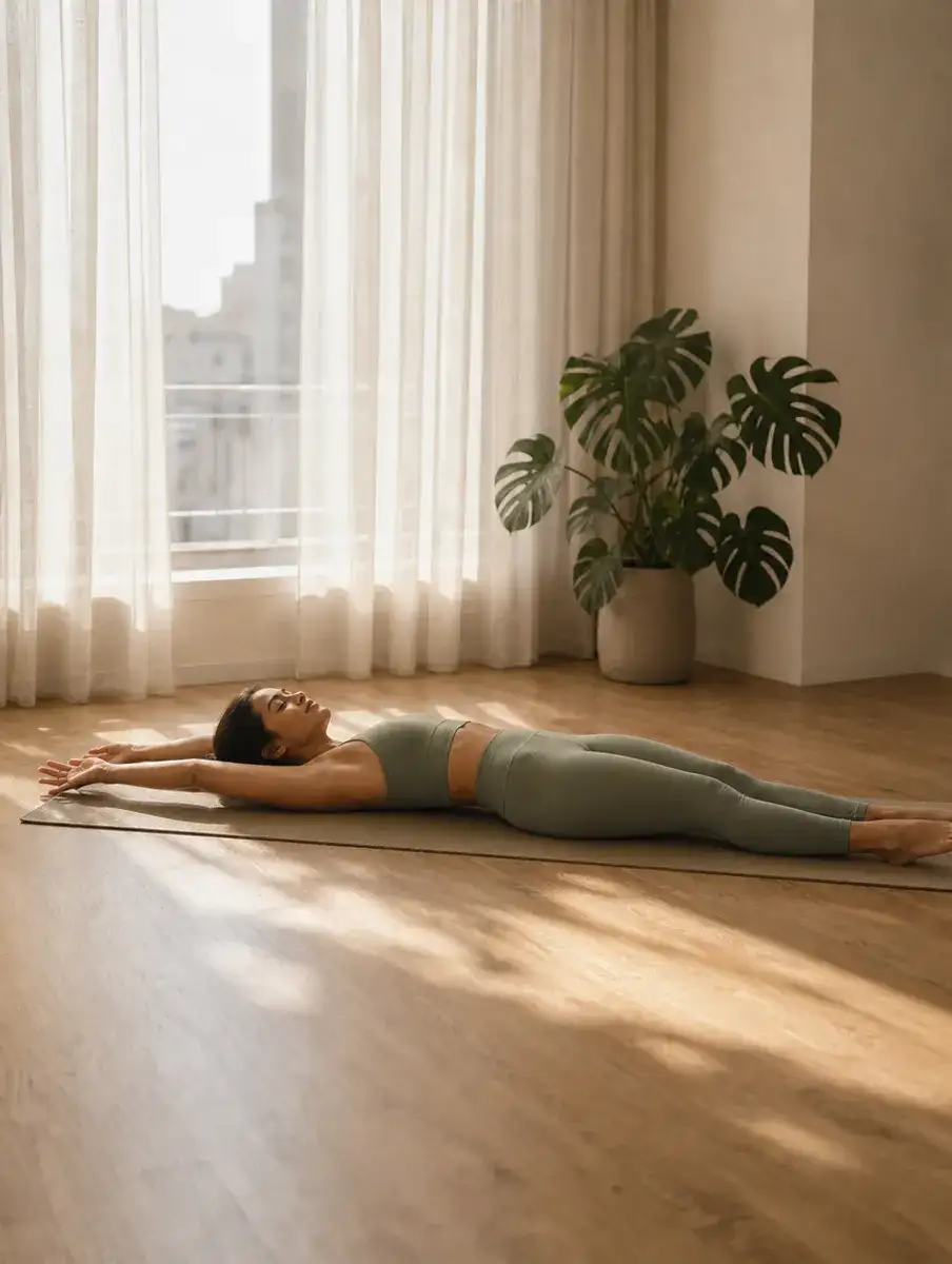 A woman in a sage set lies on a mat by sheer curtains, reaching her arms overhead and pointing her toes in a morning long stretch.