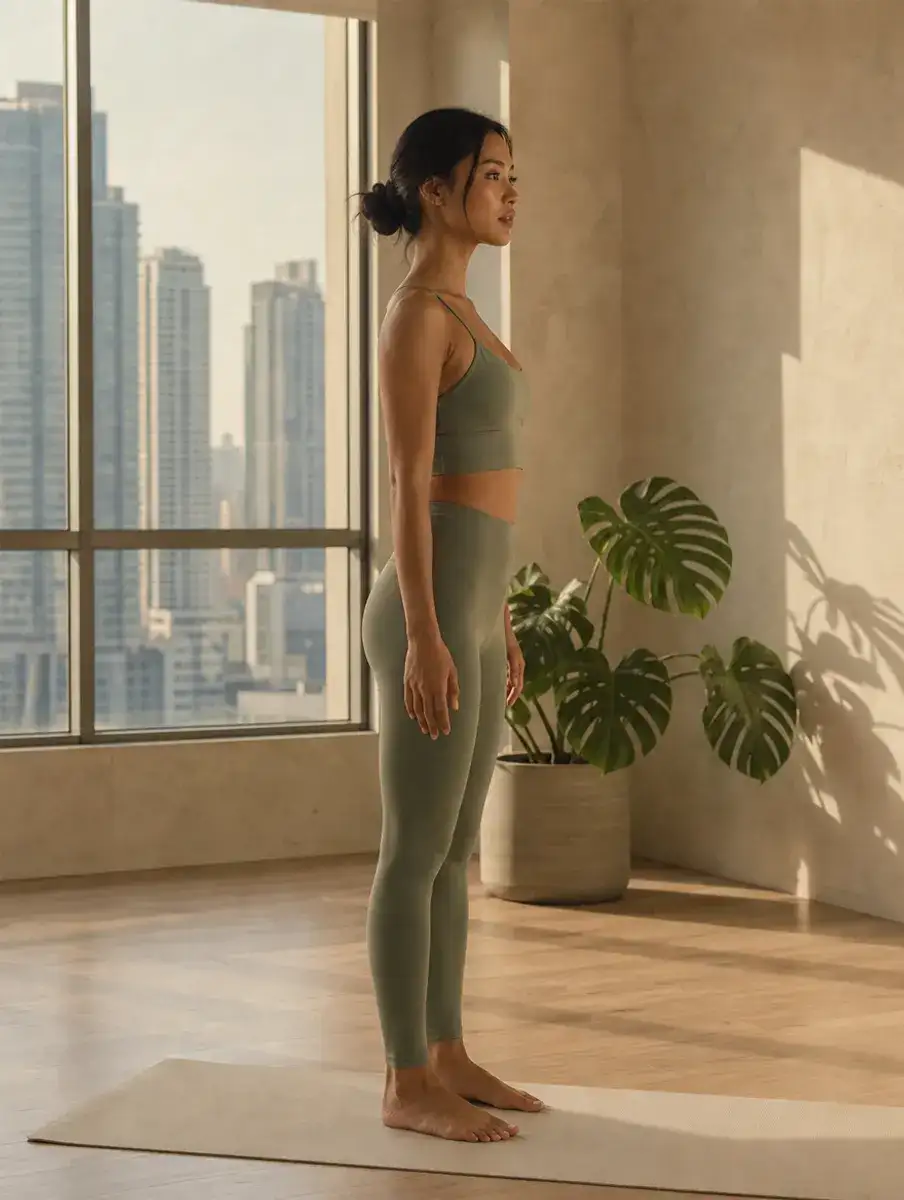 A woman in a sage set stands tall in Mountain Pose, arms by her sides, on a mat in a sunlit Makati condo studio with towers through the window.
