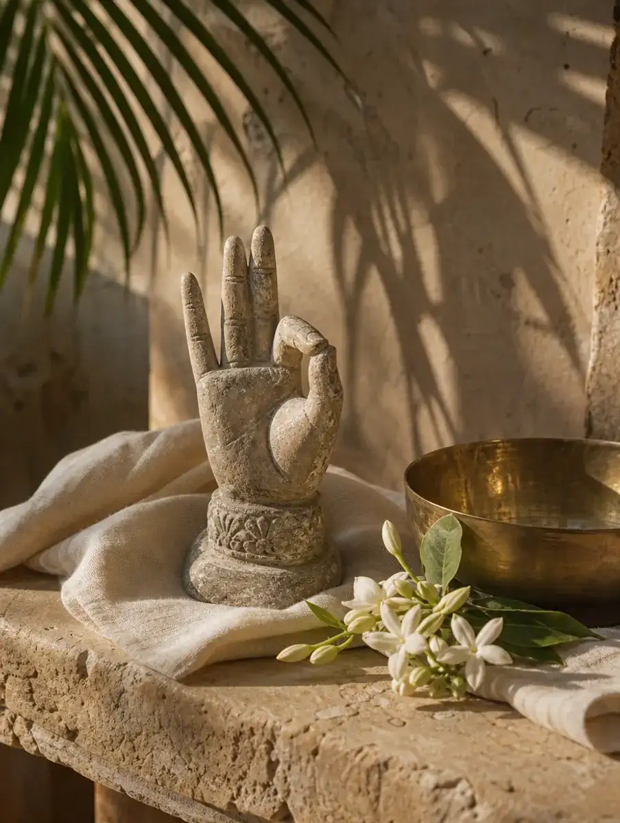 A small weathered stone sculpture of a hand in jnana mudra on linen beside jasmine and a brass bowl, palm shadows behind.