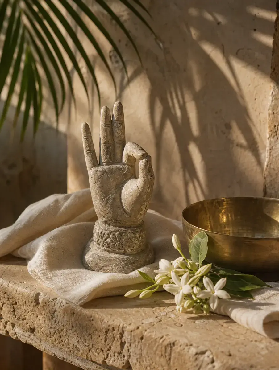 A small weathered stone sculpture of a hand in jnana mudra on linen beside jasmine and a brass bowl, palm shadows behind.