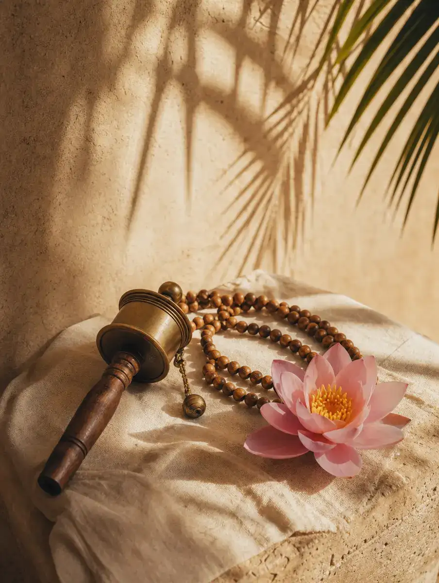 A plain brass hand prayer wheel beside wooden mala beads and a pink lotus on linen, under palm-leaf shadows.