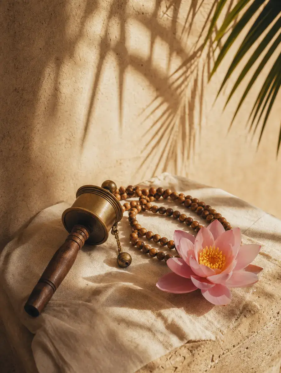 A plain brass hand prayer wheel beside wooden mala beads and a pink lotus on linen, under palm-leaf shadows.