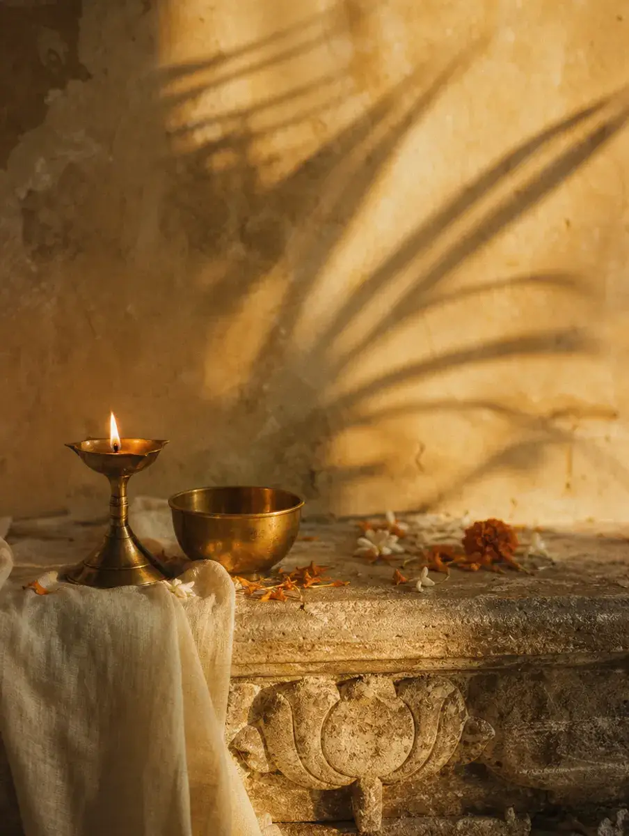 A lit brass oil lamp and brass bowl on an old carved temple-stone ledge with marigold petals, palm shadows on the wall behind.