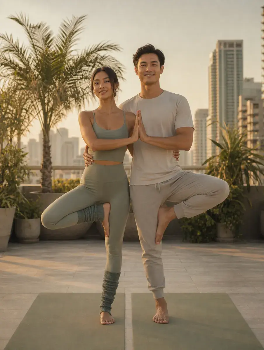 A woman and a man stand side by side in Partner Tree Pose, arms around each other's waists and outer palms pressed together, on a Manila rooftop.