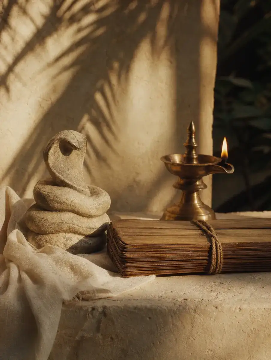 A small carved stone coiled serpent beside a bound palm-leaf manuscript and a lit brass lamp on a limestone ledge.