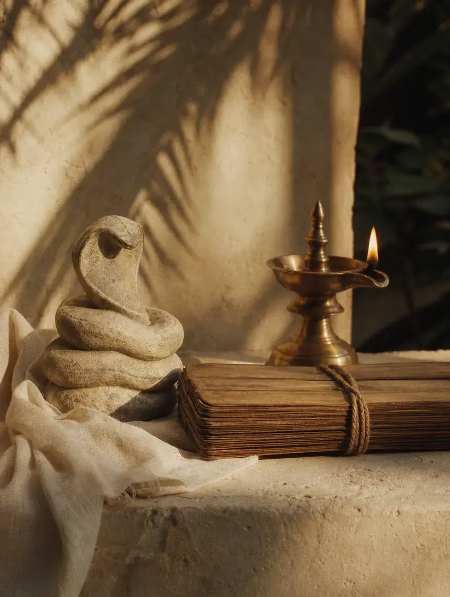 A small carved stone coiled serpent beside a bound palm-leaf manuscript and a lit brass lamp on a limestone ledge.