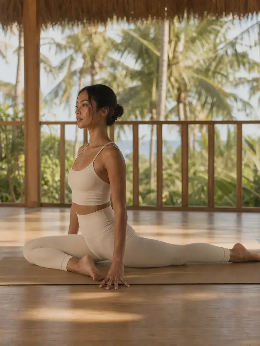 A woman in a cream set sits upright in Pigeon Pose, front shin angled on the mat and back leg stretched straight behind her, in an open-air Siargao shala.