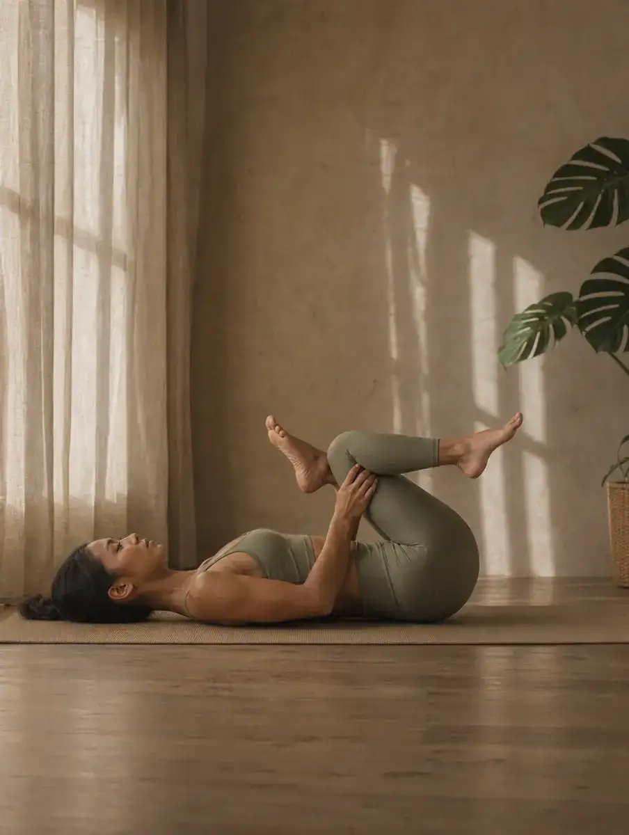 A woman lies on her back with one ankle crossed over the opposite thigh, drawing the legs in for a figure-four piriformis stretch.