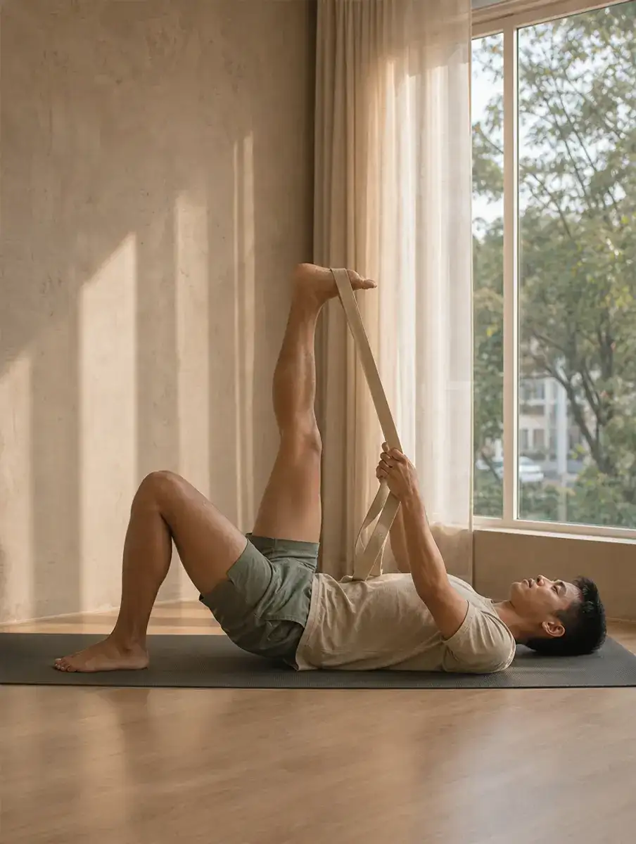 A man lies on his back with one knee bent and the other leg raised in a strap for a PNF hamstring stretch, trees in the window.