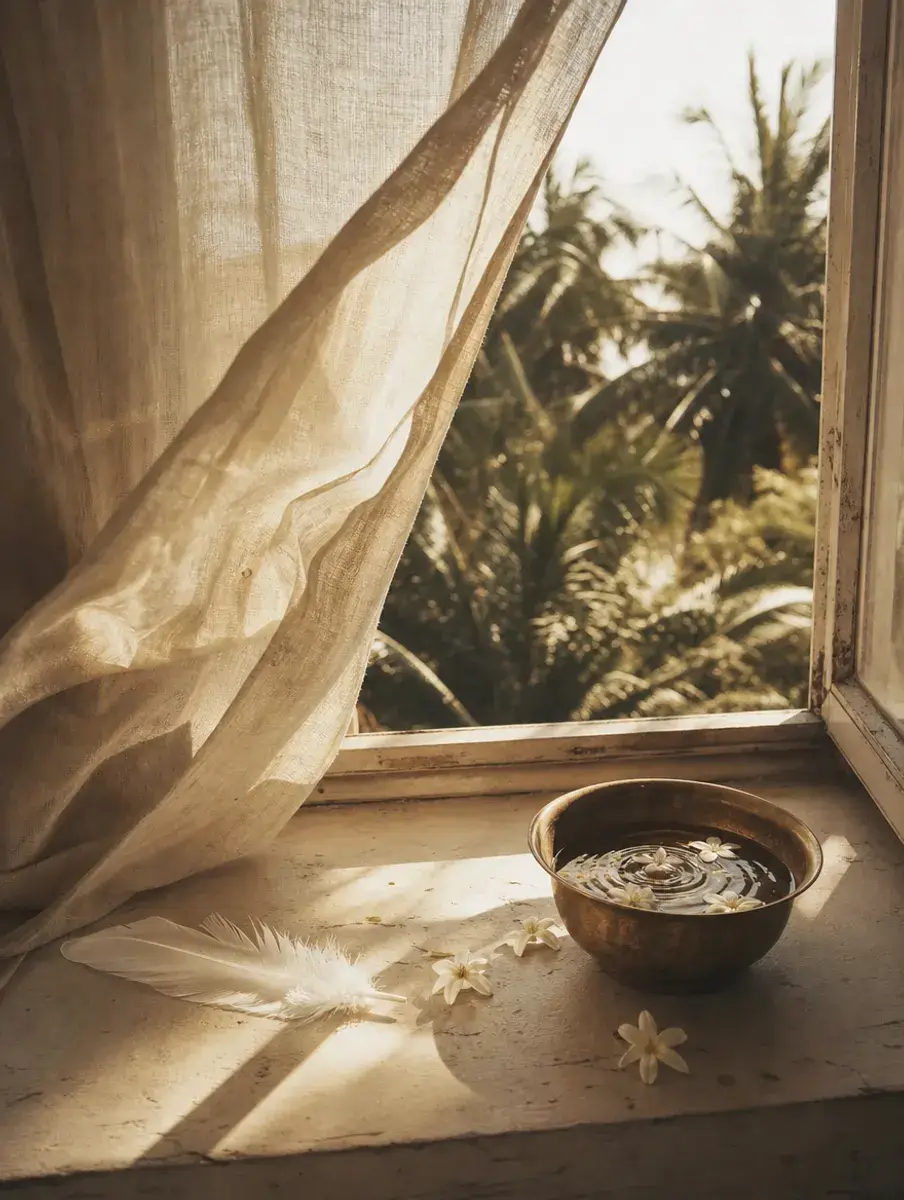 A linen curtain lifts in the breeze at an open window, a white feather and jasmine on the sill beside a rippling brass bowl.
