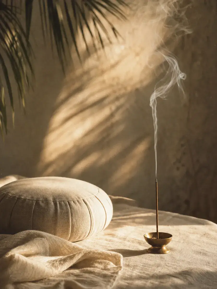 A thin ribbon of incense smoke rises beside a meditation cushion on linen, like a slow breath in warm light.