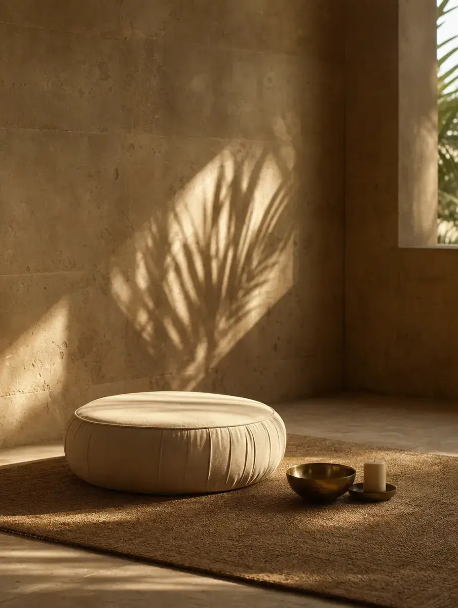 A cream meditation cushion with a brass bowl and candle in a quiet limestone room, a shaft of light and palm shadow on the wall.