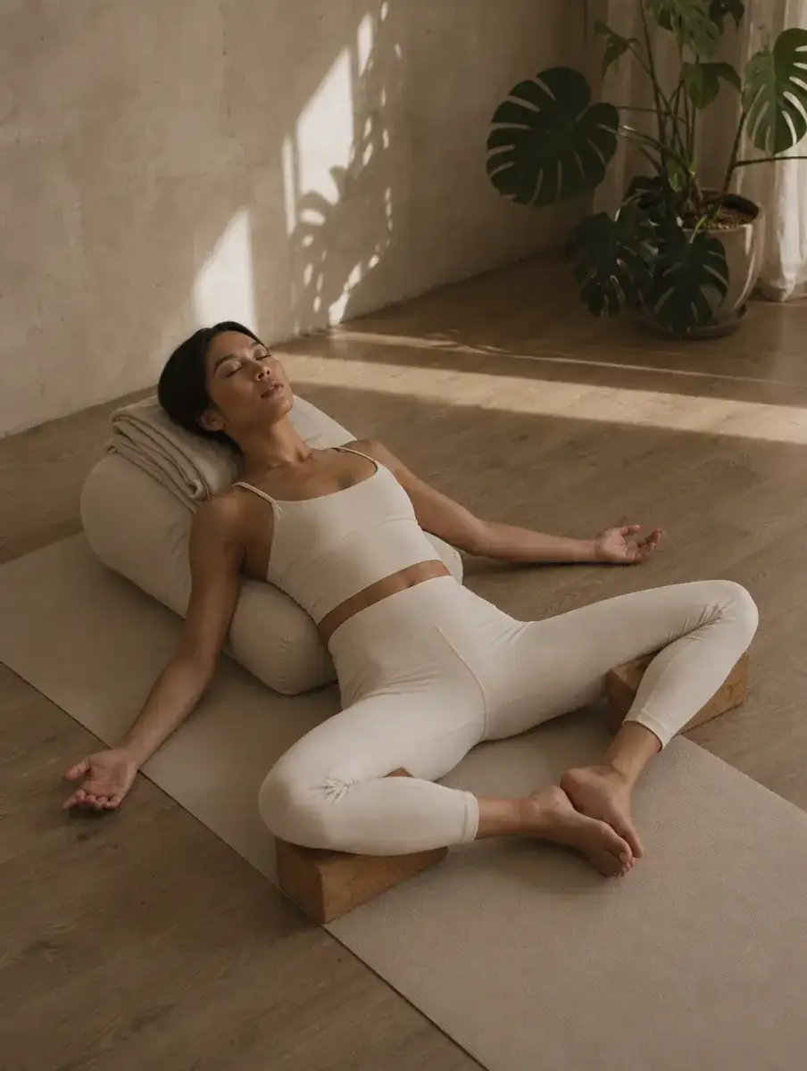 A woman reclines on a bolster in Reclined Butterfly, soles together and thighs resting on cork blocks, arms open.