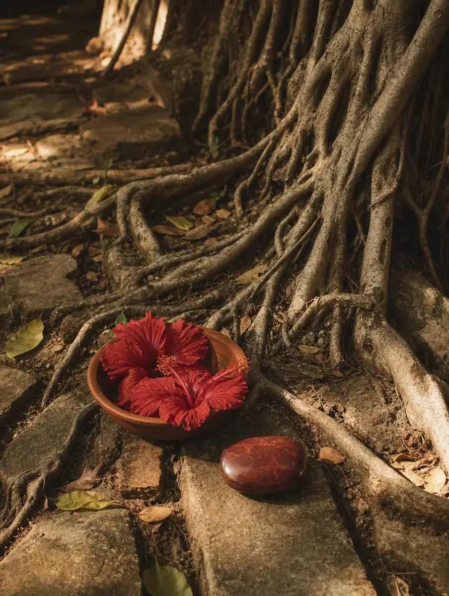 Banyan roots spread over old stone with a terracotta bowl of red hibiscus and a red jasper stone among them.