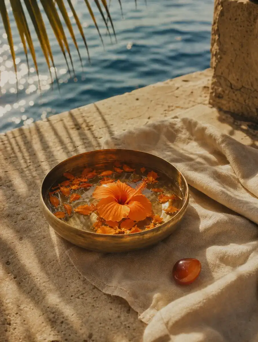 A brass bowl of water with marigold petals and an orange hibiscus beside a carnelian stone on linen by the sea.