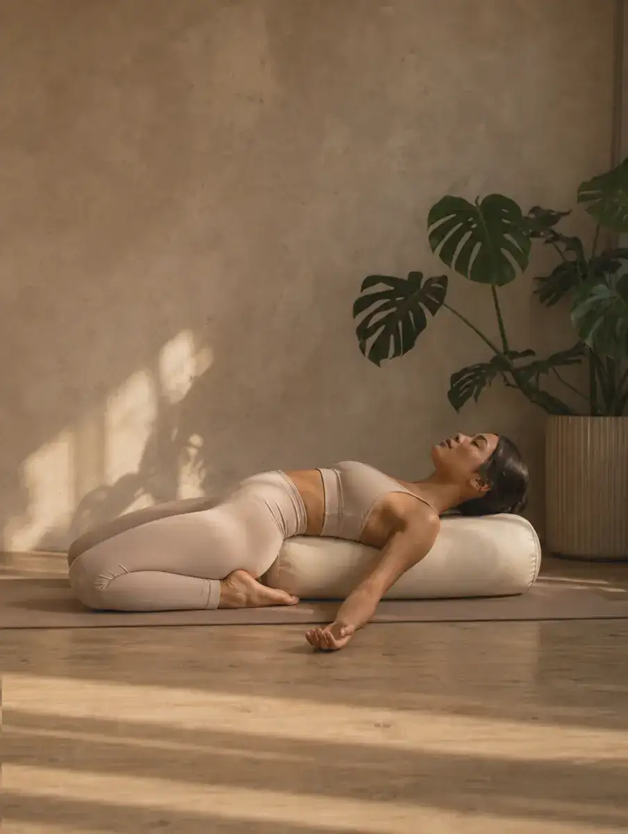 A woman in an oat set reclines over a bolster in supported Saddle Pose, knees bent beneath her and arms relaxed.