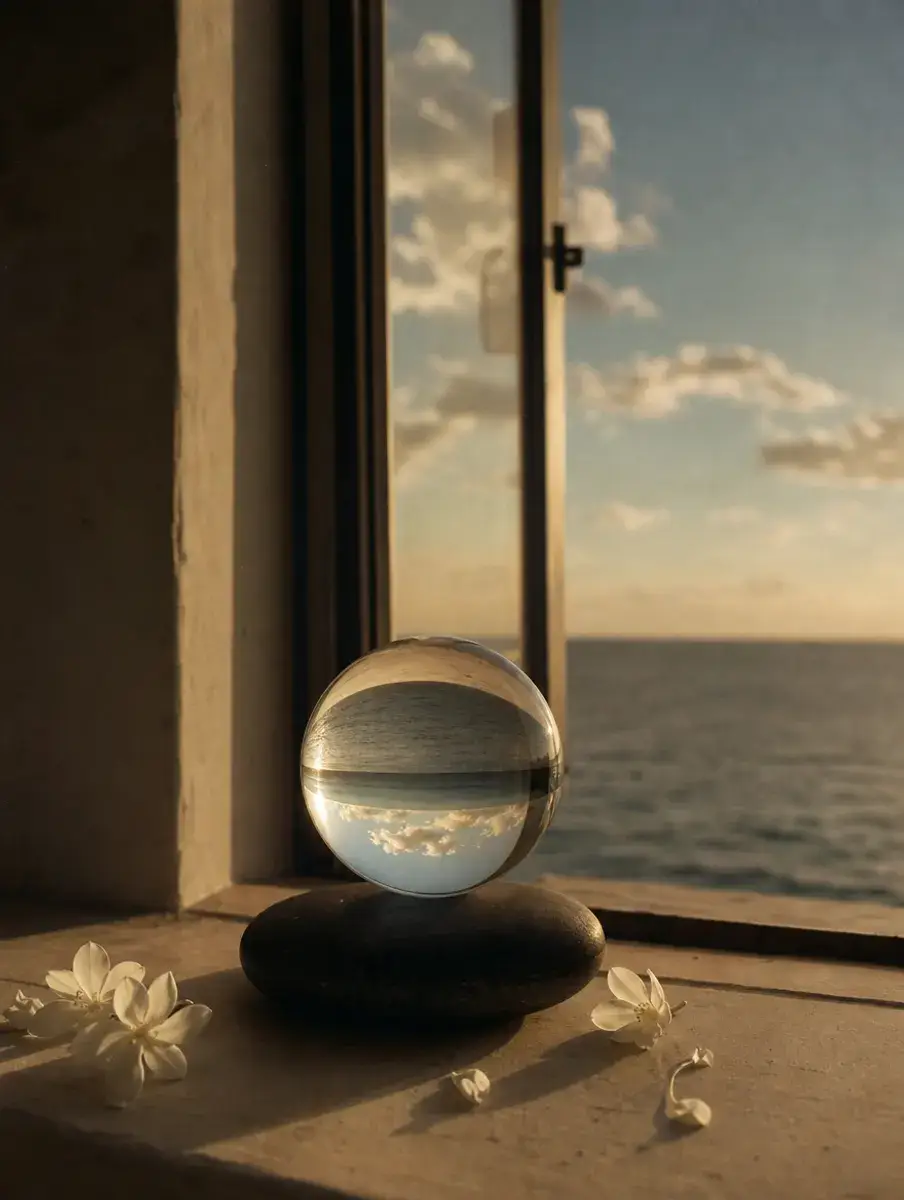 A clear glass sphere on a black stone at an open window reflects a calm sea and sky, jasmine petals on the sill.
