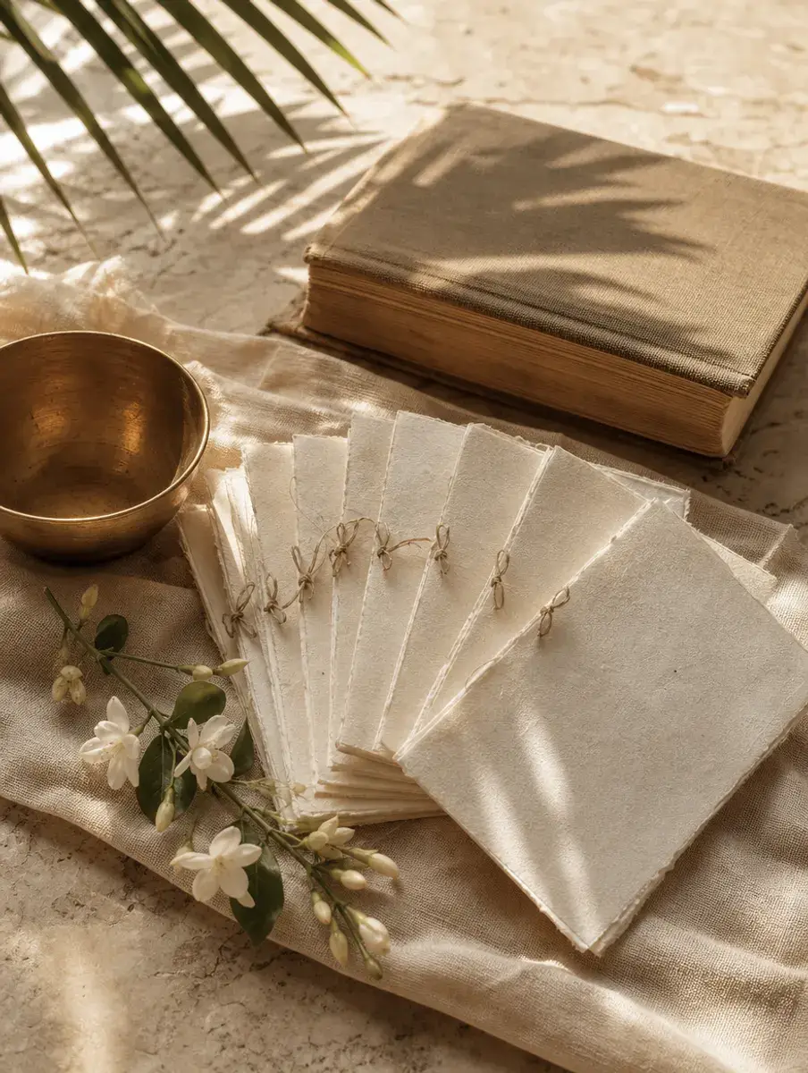 Blank handmade paper cards tied with thread fanned out on linen beside a brass bowl, jasmine and an old book.