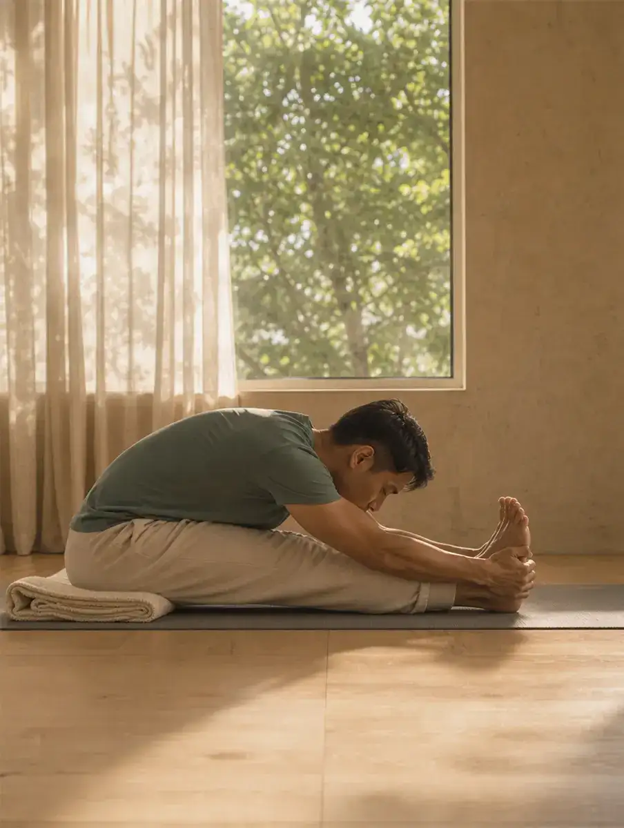 A man sits on a folded blanket and folds forward over straight legs, holding his feet, in a bright room with trees in the window.