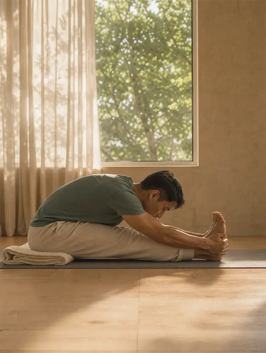 A man sits on a folded blanket and folds forward over straight legs, holding his feet, in a bright room with trees in the window.
