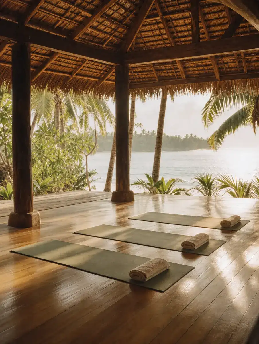 An empty open-air shala with a thatched roof and polished wooden floor, three mats laid out and the sea beyond the palms.