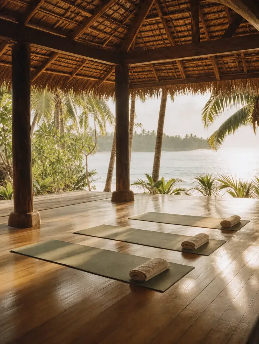 An empty open-air shala with a thatched roof and polished wooden floor, three mats laid out and the sea beyond the palms.