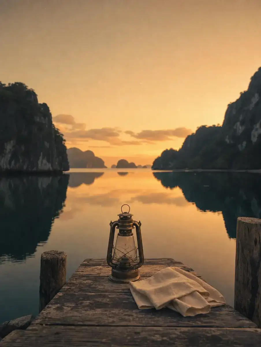 A lantern and folded linen on the end of a wooden jetty over a mirror-calm lagoon with limestone islands at dusk.