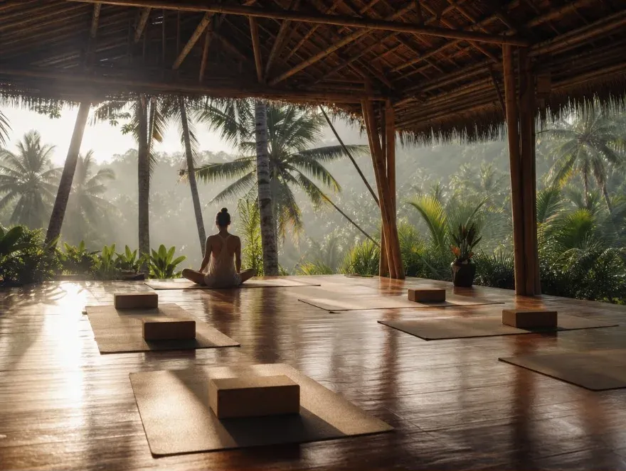 An open-air bamboo yoga shala in Siargao at dawn
