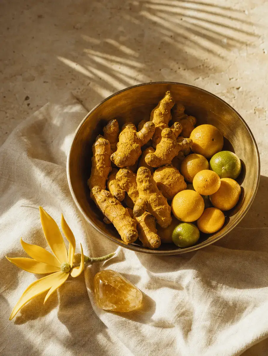 A brass bowl of turmeric root and calamansi beside a yellow champaca flower and a citrine stone in bright sun.
