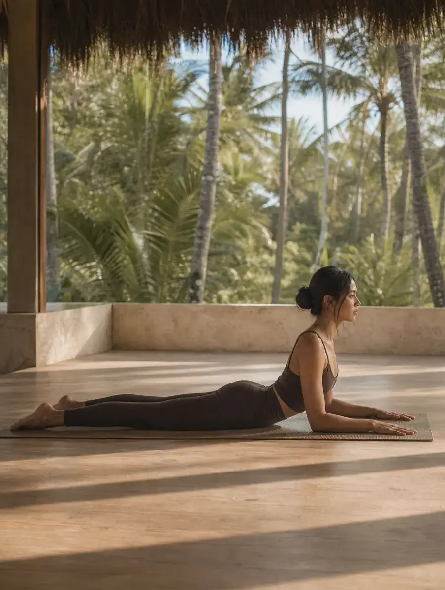 A woman in a stone set lies on her belly propped on her forearms in Sphinx Pose in an open-air Siargao shala.
