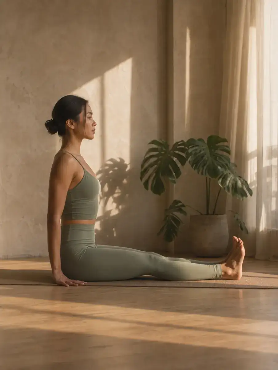 A woman in a sage set sits upright in Staff Pose with legs straight, feet flexed and hands beside her hips.