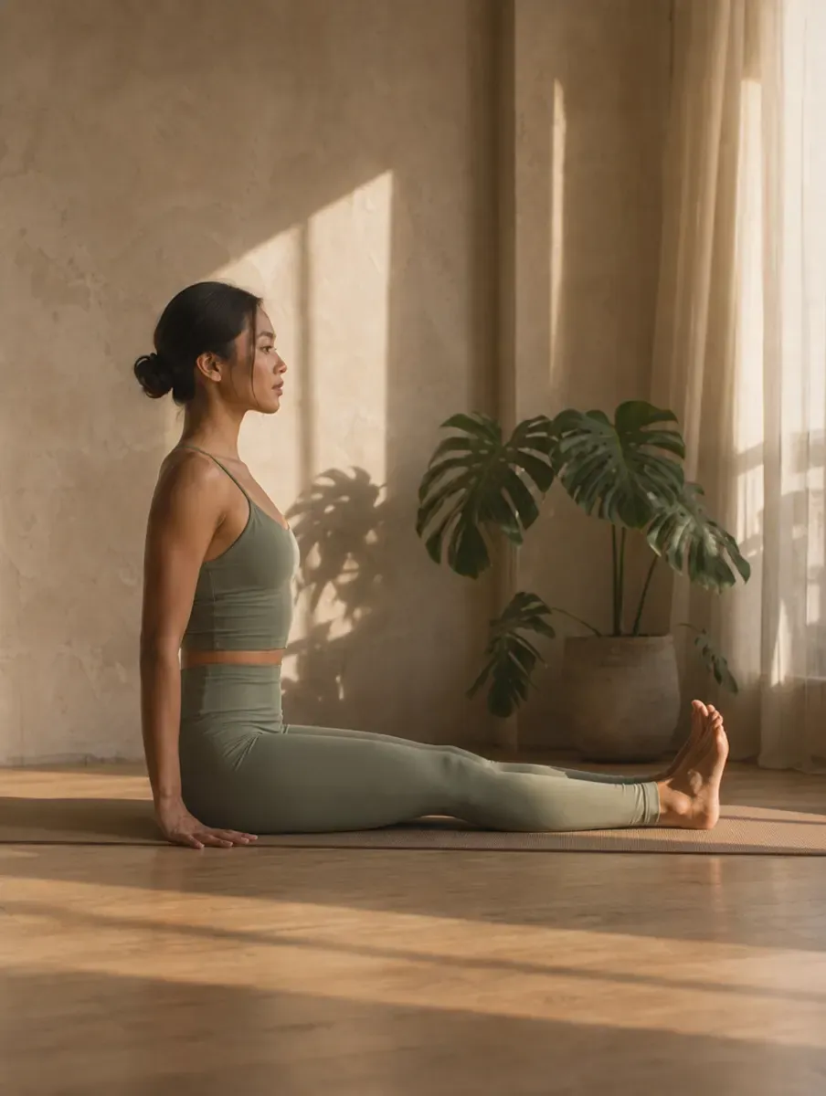 A woman in a sage set sits upright in Staff Pose with legs straight, feet flexed and hands beside her hips.